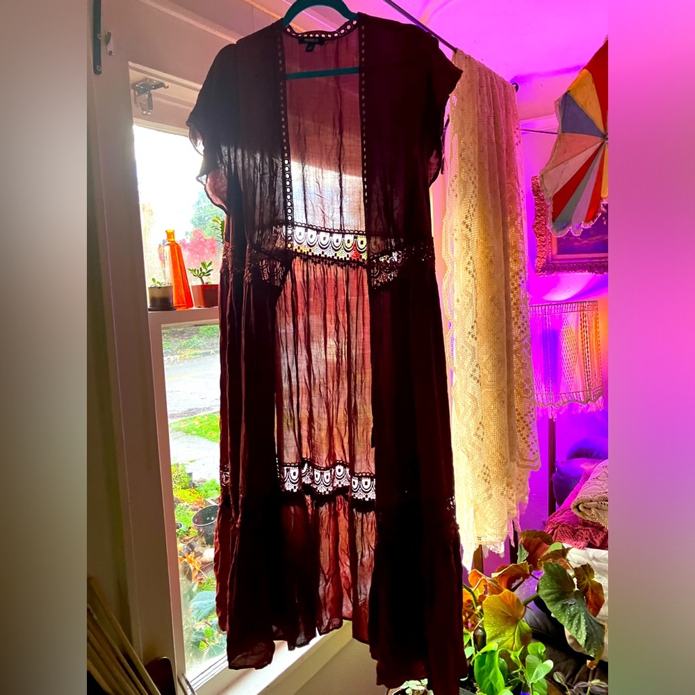 Dark rust colored lacy sheer overdress